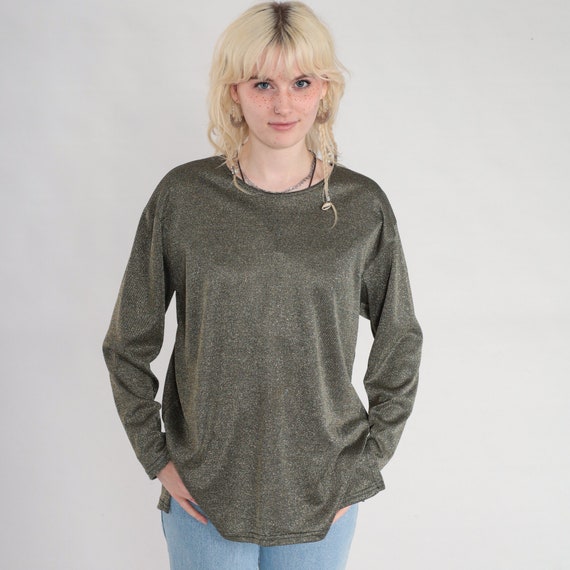 Gold Glitter Top 90s Metallic Blouse Sparkly Shirt Long Sleeve Glittery Glam Going Out Party Top Side Slits Vintage 1990s Medium M