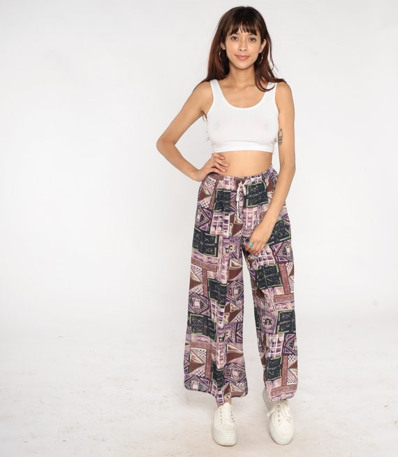 90s Patchwork Pants Boho Abstract Print Wide Leg … - image 3