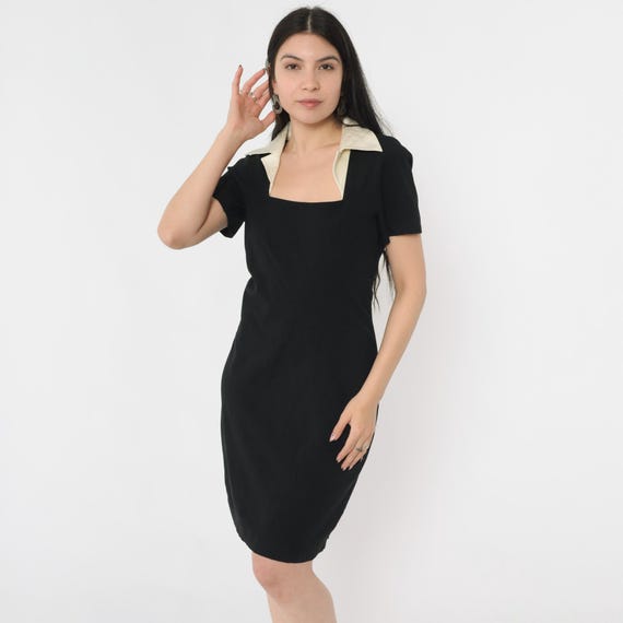 90s Black Mini Dress Wool Blend Sheath Party Dress Vintage Off-White Collar Square Neck Cocktail Evening 1990s Short Sleeve Medium M
