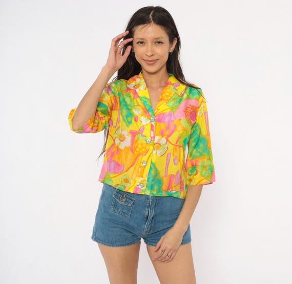 70s Psychedelic Floral Shirt Yellow Pink Green Watercolor Cropped Blouse Half Sleeve Tropical Flower Power Groovy Summer Top Small Medium SM