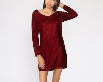 Red Party Dress 60s Velvet Mini Dress Cocktail 1960s Sheath Long sleeve Evening Formal Dress Minidress Small S