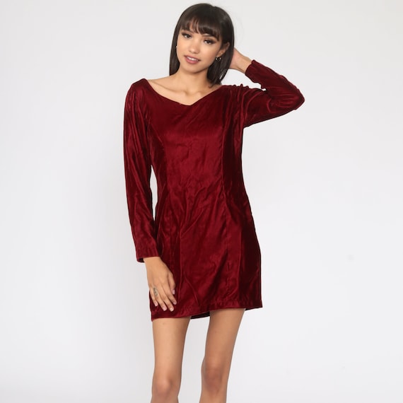 Red Party Dress 60s Velvet Mini Dress Cocktail 1960s Sheath Long sleeve Evening Formal Dress Minidress Small S