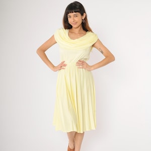 Vintage Yellow Draped Cowl Neck Dress 70s Disco Party Pleated Skirt Sleeveless Grecian Back Tie 1970s Midi Gown Vicky Vaughn Junior Medium M