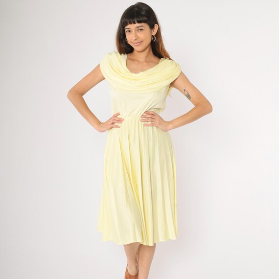 Vintage Yellow Draped Cowl Neck Dress 70s Disco Party Pleated Skirt Sleeveless Grecian Back Tie 1970s Midi Gown Vicky Vaughn Junior Medium M