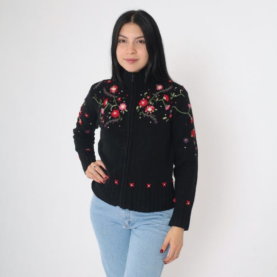 Floral Embroidered Cardigan Y2K Black Lambswool Blend Knit Zip Up Sweater Flower Print Boho Mock Neck Granny Jumper Vintage 00s Petite Small