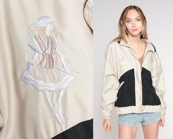 Y2k Windbreaker Beige Embroidered Lady Print Black Color Block Zip Up Jacket Track Jacket Retro Warmup Streetwear Coat Vintage 00s Large L
