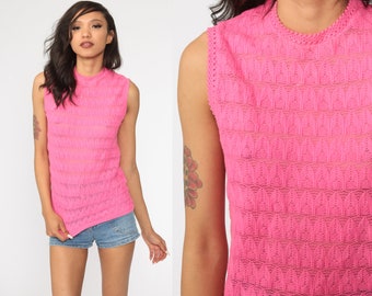 Crochet Crop Top 70s Tank Top Hot Pink Shirt SHEER Shirt Festival Vest Boho Blouse Open Weave 1970s Hippie Cutwork Bohemian Small S