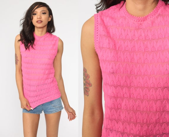 Crochet Crop Top 70s Tank Top Hot Pink Shirt SHEER