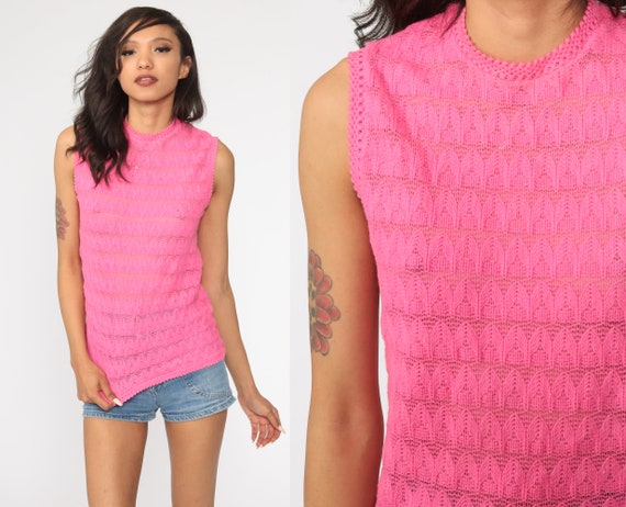 Crochet Crop Top 70s Tank Top Hot Pink Shirt SHEE… - image 1