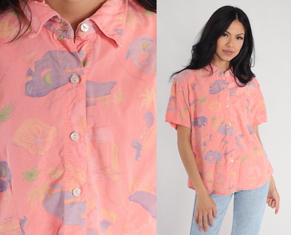 Tropical Print Shirt Y2K Pink Floral Vacation Fresh Produce Blouse Collared Shirt Retro Flower Print Button Up Short Sleeve Vintage Large L