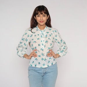 Floral Ascot Blouse 70s Neck Tie Shirt Semi Sheer White Blue Flower Print Top Button up Long Sleeve Secretary Necktie Vintage 1970s Medium M
