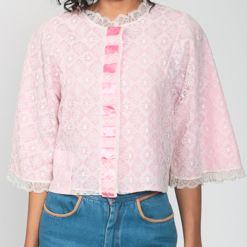 Lingerie Pajama Shirt 60s Pink Lace Pajamas Top Button Up Sleep Shirt Baby Pink Pastel Vintage 70s Pajama Top Pinup Sexy Small image 6