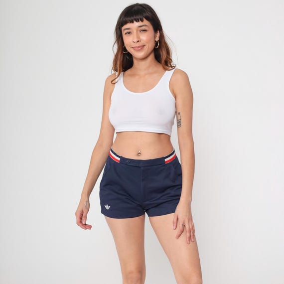 Adidas Athletic Shorts 80s Navy Blue Red White Stripe Vintage Track Shorts High Waisted Side Pockets Trefoil Logo Tennis Sportswear Medium M