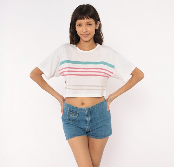 90s Striped Crop Top White Teal Pink Cotton Boxy Tee Cropped Shirt Pastel Stripe Vintage Summer Beach Casual Surf Style Blouse Small S