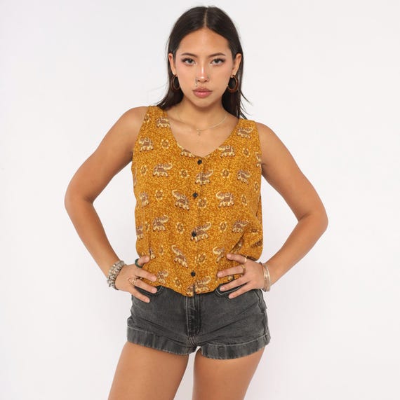 Y2K Elephant Print Tank Top Mustard Gold Button Front Blouse V Neck Animal Cropped Amber Indian Bohemian Summer Spring Shirt Large L