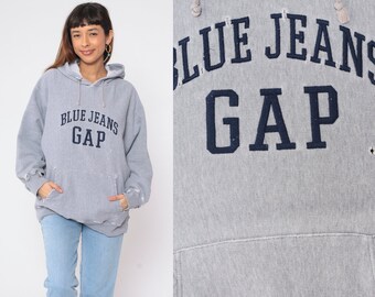 90s Gap Hoodie Heather Grey Blue Jeans Hooded Sweatshirt Distressed Ripped Retro Graphic Vintage 1990s Athletic Hood Sweatshirt Large