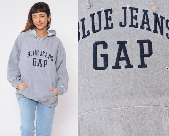 90s Gap Hoodie Heather Grey Blue Jeans Hooded Swe… - image 1