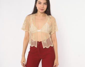 90s Embroidered Lace Mesh Top Sheer Floral Blouse Cream Scalloped Hem V Neck Cropped Overlay Fairycore Coquette Romantic Off White Small S