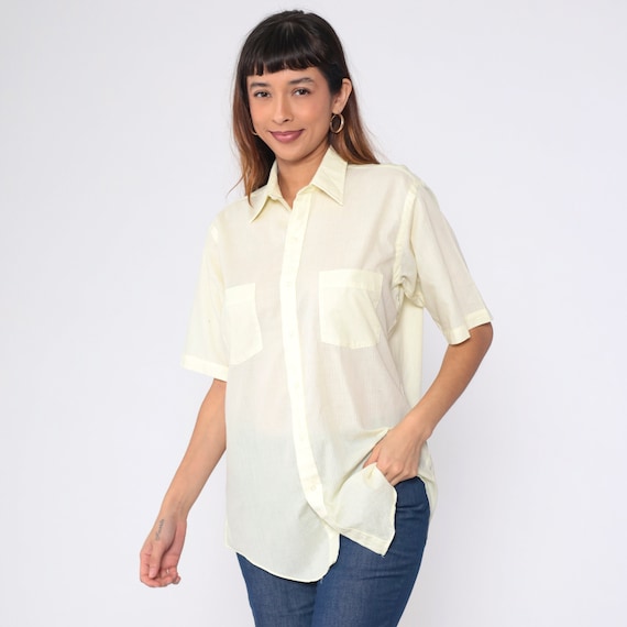 Vintage Sheer Yellow Shirt 80s Button Up Striped Preppy Collared Chest Pocket Short Sleeve 1980s Arrow Kent Classic Men's Medium 15 1/2