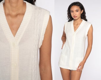 Cable Knit Vest 70s Knit Vest Top Off-White Sleeveless Sweater V Neck Tank Button Up 80s Retro Vintage Medium