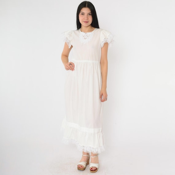 Vintage 80s White Cottagecore Dress Boho Lace Bib Flutter Sleeve High Waisted Button Back Bohemian Midi 1980s Prairiecore Semi-Sheer Small S
