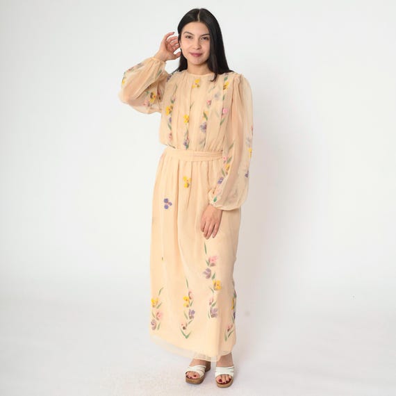 Vintage 70s Floral Chiffon Dress Sheer Puff Sleeve Party Maxi Dress Peach High Waisted Summer Formal Evening Pleated 1970s Small Medium