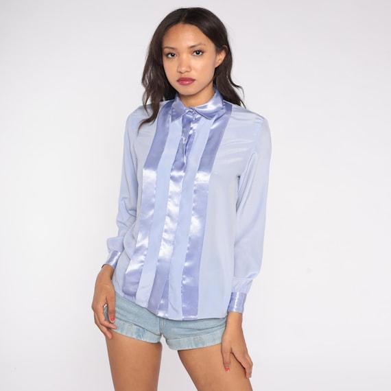 Periwinkle Blue Blouse Y2K Button Front Long Sleeve Collared Satin Panel Career 90s Minimalist Office Professional Work Top Vintage Small S