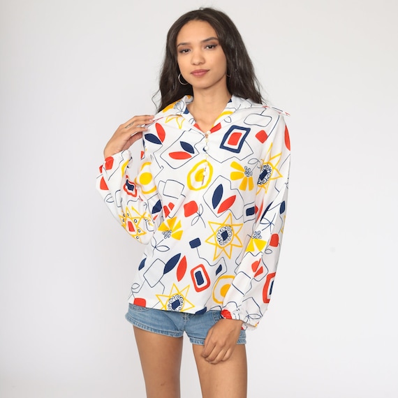 70s Floral Shirt Dagger Collar Boho Blouse Disco Shirt White Geometric Button Up Bohemian 1970s Hippie Vintage Long Sleeve Medium