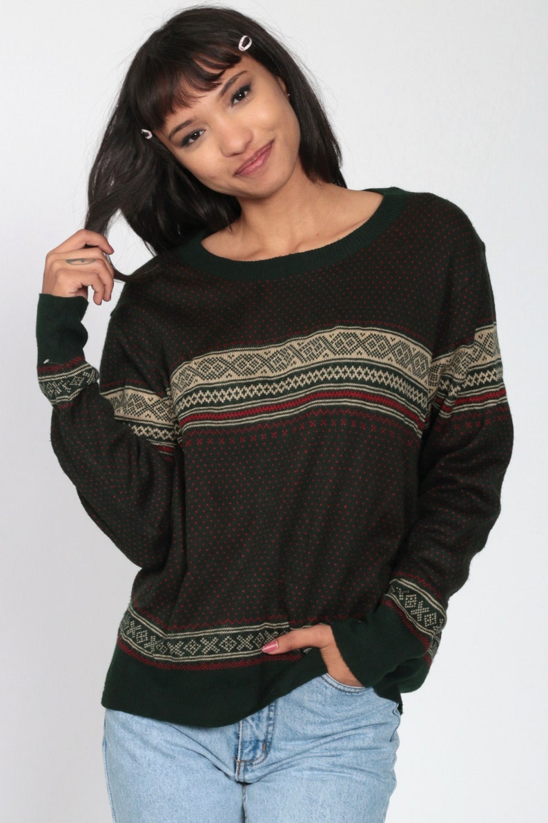 Fair Isle Sweater 80s Dark Green Nordic Sweater Slouchy Sweater Knit Grunge Striped 1980s Retro Boho Pullover Sweater Jumper Men/'s Medium