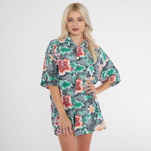 Grey Hawaiian Shirt Y2k Tropical Floral Button Up Shirt Abstract Hibiscus Flower Leaf Print Retro Surfer Top Short Sleeve Vintage 00s Large
