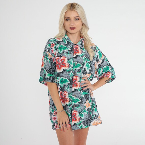 Grey Hawaiian Shirt Y2k Tropical Floral Button Up Shirt Abstract Hibiscus Flower Leaf Print Retro Surfer Top Short Sleeve Vintage 00s Large
