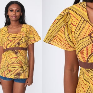 African Babydoll Top 70s Hippie Shirt Puff Sleeve Boho Yellow Top Bohemian Tribal Empire Waist Shirt Vintage Short Sleeve Medium image 1