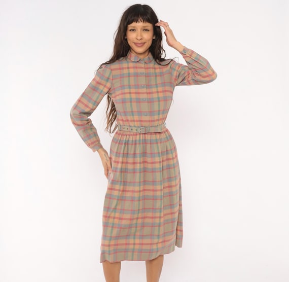 80s Plaid Shirtdress Pastel Pink Blue Tan Button Front Peter Pan Collar Belted Waist Long Sleeve Prairie Collegiate Preppy Vintage Medium M
