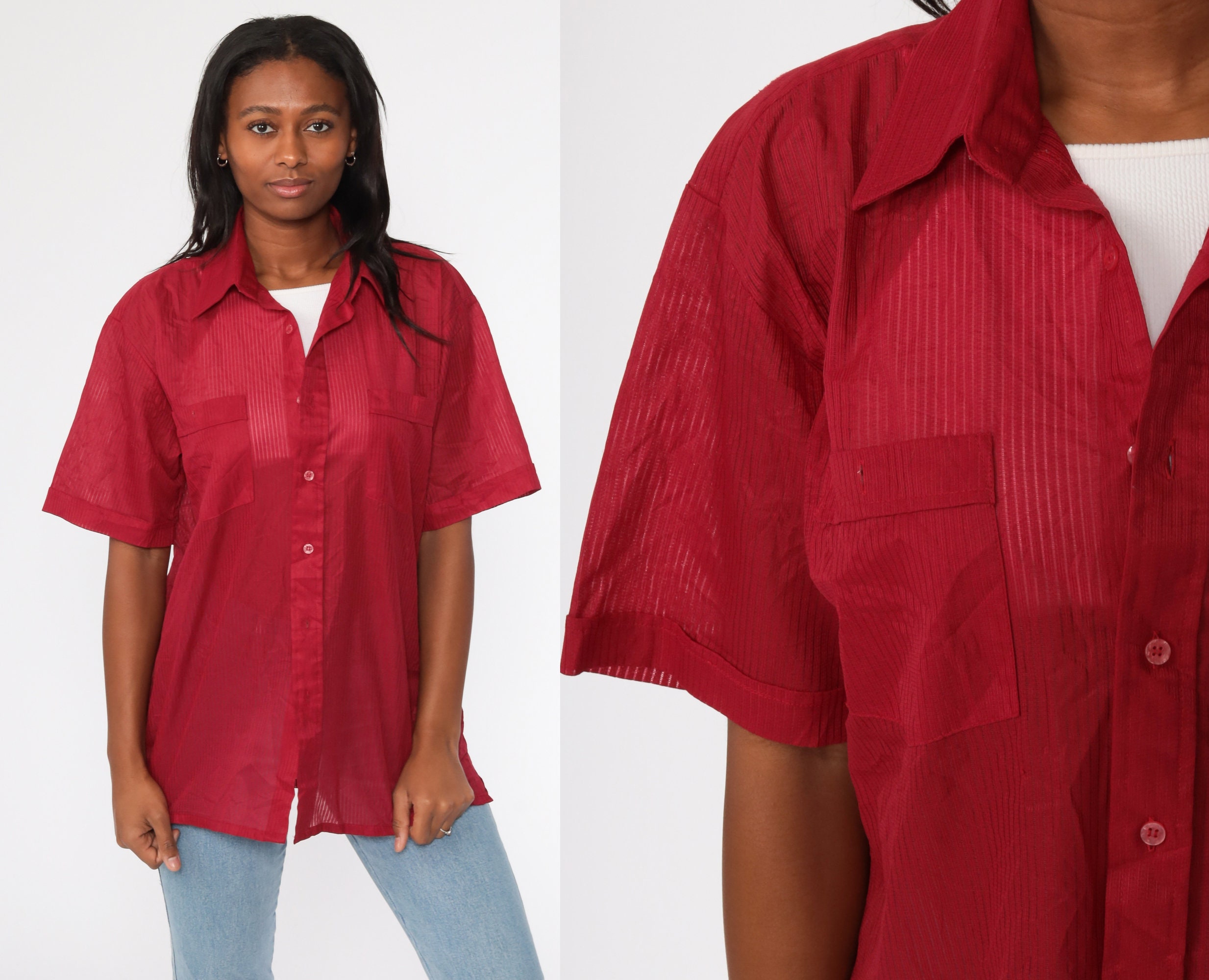 sheer red button up shirt