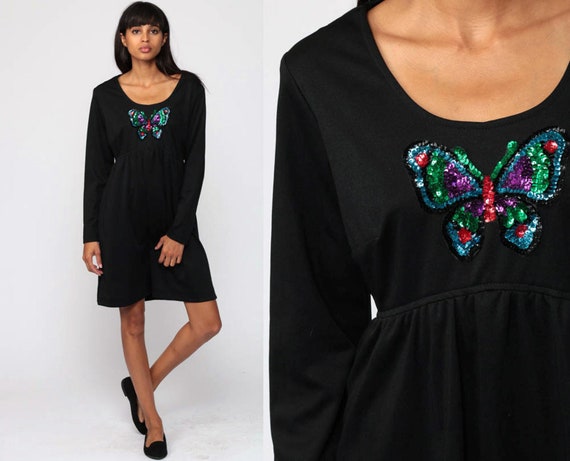 Babydoll Dress 70s Mod Mini SEQUIN BUTTERFLY Print Boho Empire Waist 1970s Vintage Black Bohemian Long Sleeve Minidress Small S