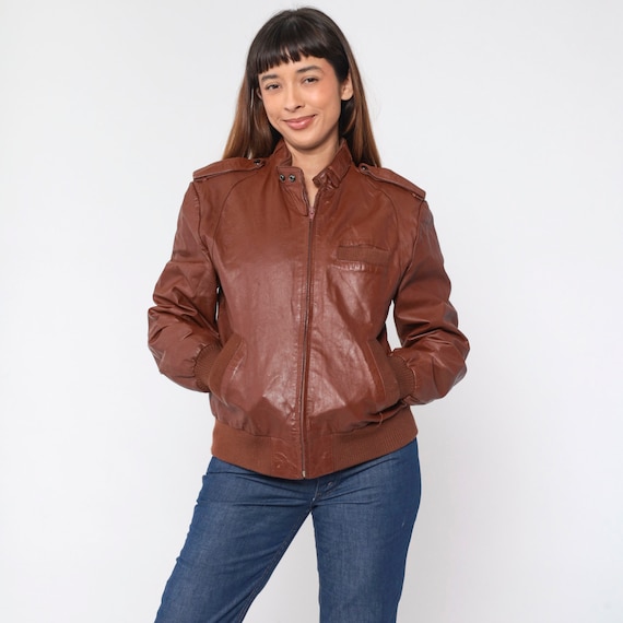 Leather Bomber Jacket 80s Brown Moto Zip Up Leather Jacket Biker Coat Boho Motorcycle Retro Shoulder Epaulette Vintage 1980s Men's Medium 40