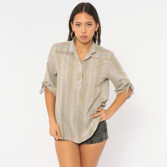 80s Pastel Striped Blouse Beige Pink Cotton Popover Top Tie Sleeve Collared V Neck Button Front Sage Green Blue  Boxy Vintage Large L