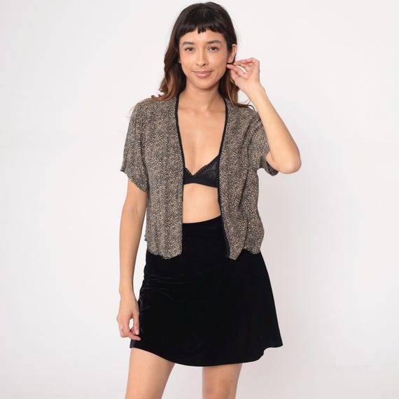 90s Cropped Bolero Cardigan Shrug Open Front Animal Print Tan Brown Black Neutral Vintage Layering Top Cover Up Summer Fall Medium S M