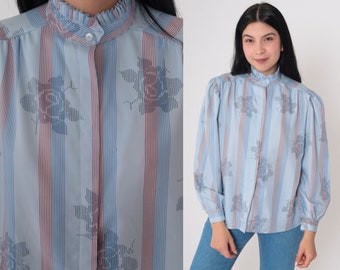 Striped Floral Blouse 70s Blue Button Up Shirt High Ruffle Neck Pleated Top Flower Rose Print Boho Hippie Long Sleeve Vintage 1970s Medium M