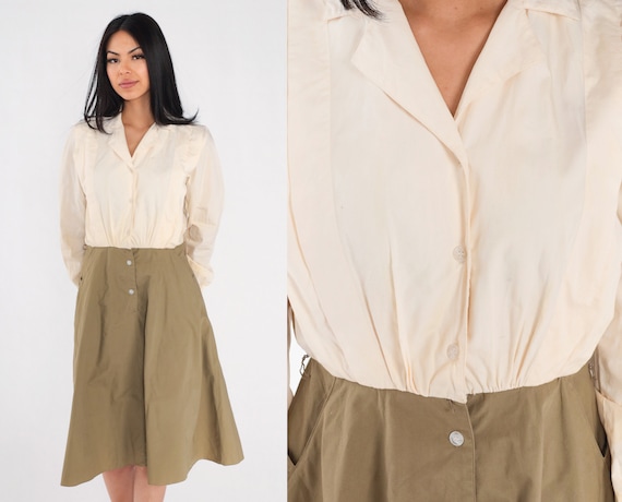 Shirtwaist Dress 80s Button Up Midi Dress Cream O… - image 1