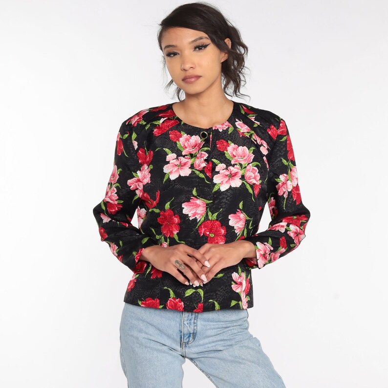 Black Floral Shirt 90s Button Up Shirt Floral Blouse Long Sleeve Top Pink Red Boho 1990s Vintage Liz Claiborne Large L image 3