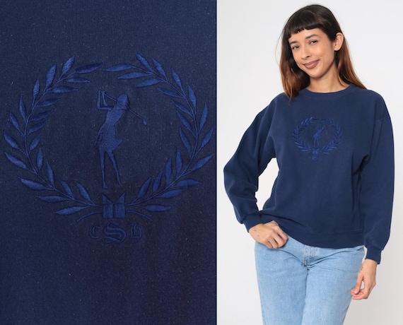 Vintage 90s Women's Golf Sweatshirt 1990s Sir Christopher Hatton Navy Blue Crewneck Athletic Sports Embroidered Crest Pullover Medium