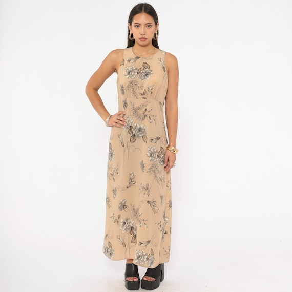 90s Floral Grunge Maxi Dress Beige Taupe Sleeveless Round Neck Sand Neutral Cream Prairie Garden Party Cottagecore Summer Vintage Medium M
