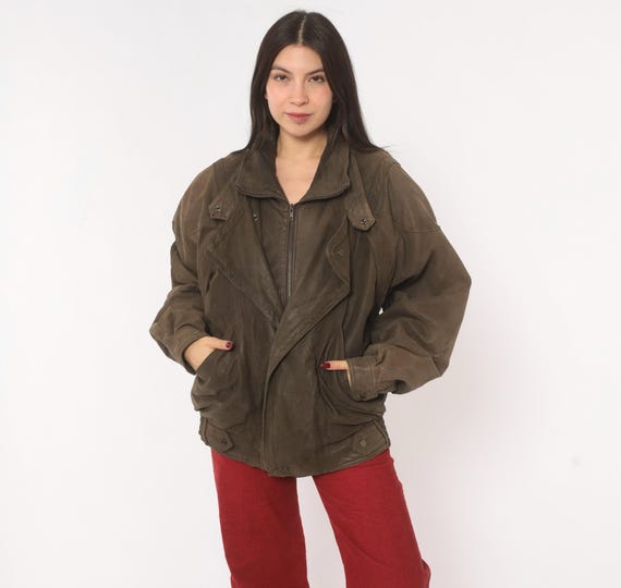 80s Leather Bomber Pelle Studio Brown Snap Collar Zip Front Motorcycle Jacket Moto Coat Cafe Racer Biker  Batwing Vintage Distressed Large L