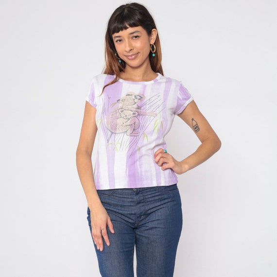 Koala T-Shirt 80s Baby Tee Purple White Striped Shirt Cute Baby Animal Graphic Tshirt Cap Sleeve Single Stitch Vintage 1980s Small Medium