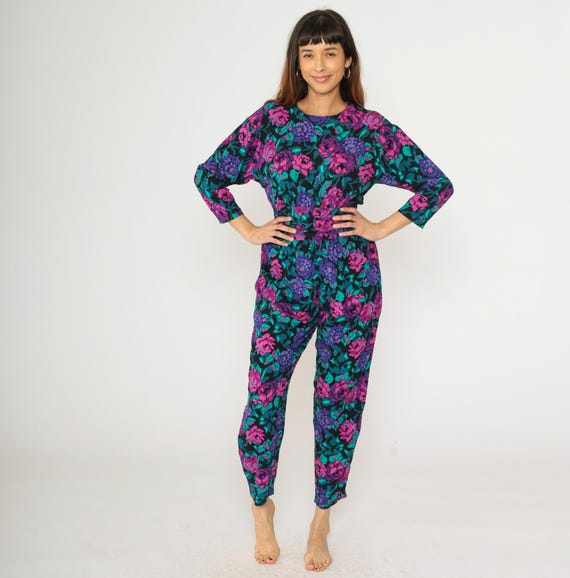 80s Floral Jumpsuit Pantsuit Fuchsia Purple Tapered Pants Vintage 1980s High Waisted Knot Detail Romper 3/4 Sleeve Small S