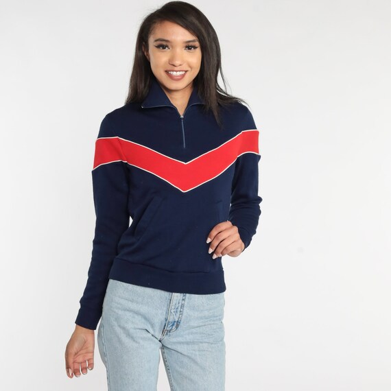 Blue Striped Sweatshirt 80s Quarter Zip Chevron Sweatshirt Navy Red Retro Pullover Normcore Stranger Things Vintage 1980s Extra Small xs