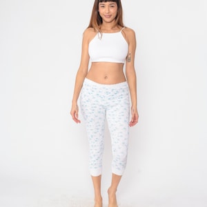 Florale Thermohose 80er Jahre Lange Unterhose Weiße Waffelmuster Capri Leggings Blaue Blumen Print Pyjama Hose Winter Layering Vintage 1980er Jahre Medium M