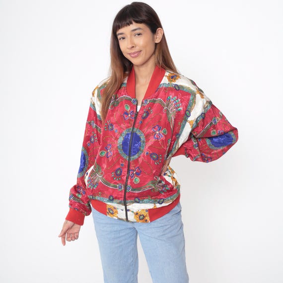 90s Bomber Jacket Red  Ornate Medallion Print Paisley Design Track Jacket Zip Up Oversized Vintage Blue White Windbreaker Large L