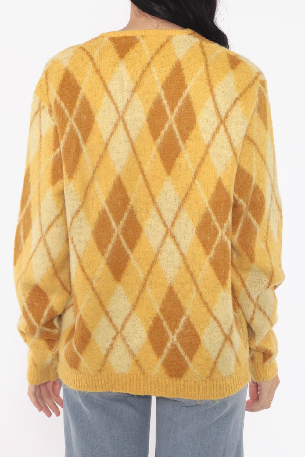 70s Argyle Cardigan Sweater -- Plaid Wool Sweater Mohair DIAMOND PRINT Yellow Grunge Button Up 